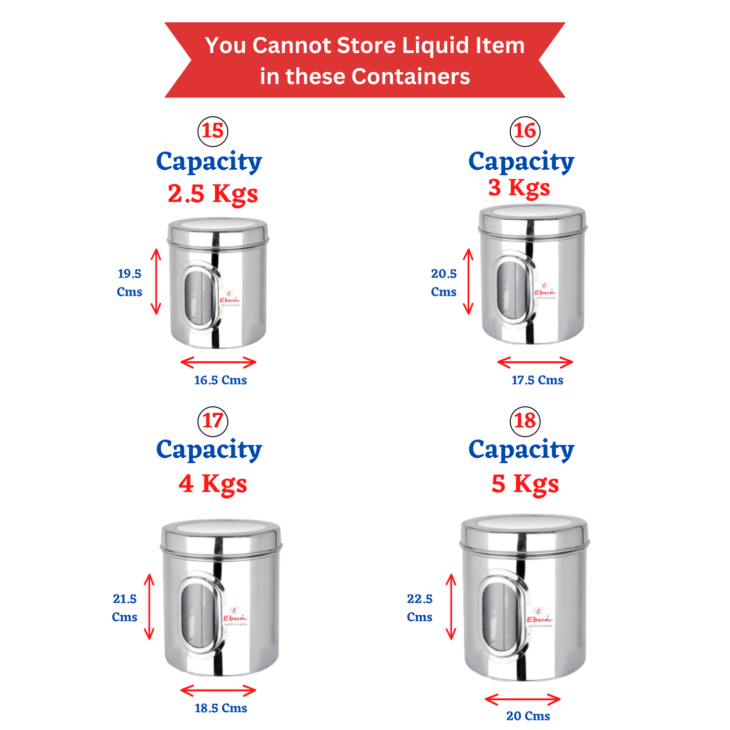 Ebun Stainless Steel See Through Containers Combo Set - 2.5 Kgs to 5 Kgs Capacity