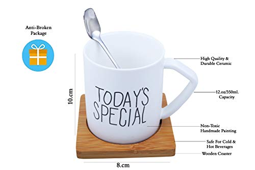 Ebun 'Today's Special' Printed Ceramic Coffee Mug with Wooden Coaster and Spoon 1 Piece, White, 350 ml